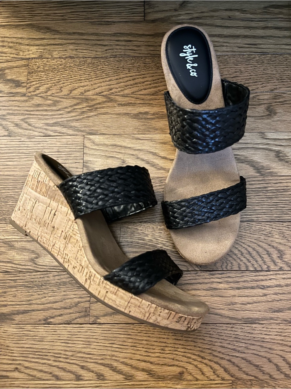 Style&Co. Black Woven Double-Strap Cork Wedge Sandals